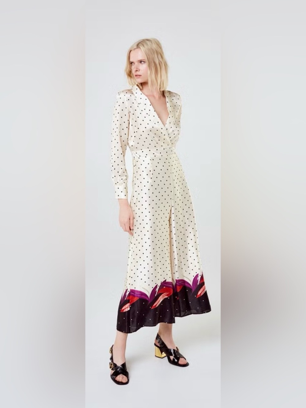 Uterqüe Cream Polka-Dot Wrap 100% silk Jumpsuit with Colorful Hem, S